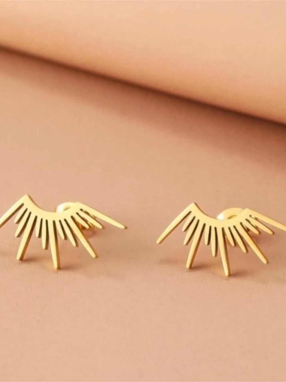 Gold Plated Stainless Steel Sun Rays Stud Earrings - Picture 2 of 2
